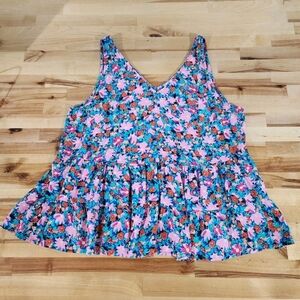 LOFT Tank Size Large Tiered Floral Vneck Pink Red Green Bright Rayon